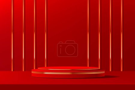 Ilustración de Escenario chino rojo de lujo con decoración de línea dorada. 3d vector espléndida plataforma redonda, adornado con ricos tonos escarlata, elevada por la decoración de oro opulento, personificando grandeza y elegancia cultural - Imagen libre de derechos