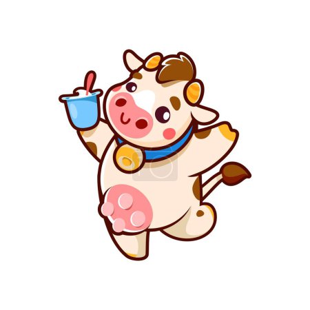 Ilustración de Caricatura de vaca feliz bailando con yogur. Animal bovino linda mascota, vaca bebé personaje o toro divertido personaje vectorial aislado. Buey feliz mascota corriendo y saltando con productos lácteos dulces - Imagen libre de derechos
