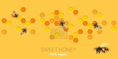 Illustration for Honeycomb paper cut banner with bees and honey, vector background. Beekeeping honey product package or farm food label for 100 percent organic natural honey and realistic bees on honeycomb - Royalty Free Image