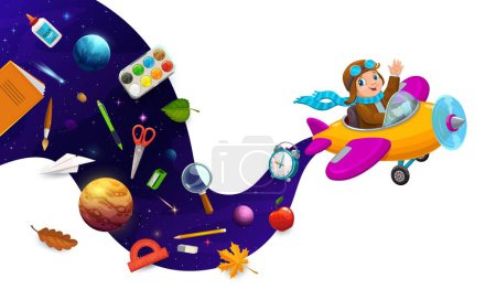 Ilustración de Piloto de niños con ondas espaciales y útiles escolares, fondo vectorial de dibujos animados para la educación. Aviador piloto de niños volando en avión de juguete con libro de la escuela, copybook y regla, pluma y lápiz en el cielo estrellado galaxia - Imagen libre de derechos