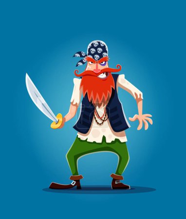 Illustration for Cartoon red bearded danger pirate corsair sailor character with long saber. Angry marine robber or buccaneer sailor vector personage with black eye and pirate skull bandana ready to boarding attack - Royalty Free Image