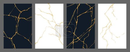 Illustration for Golden kintsugi cracks, marble tile texture pattern. Black and white vertical vector backgrounds, reminiscent to ancient Japanese art, repairs broken pottery with lacquer mixed with powdered gold - Royalty Free Image