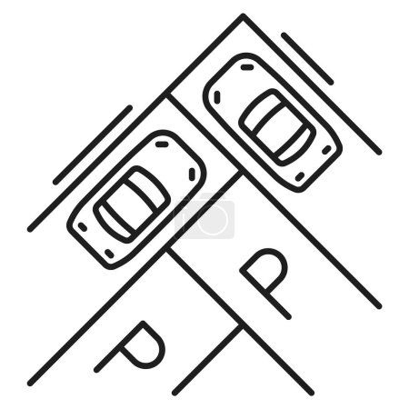 Ilustración de Estacionamiento de coches o garaje icono de línea de estacionamiento de servicio para la instrucción y regulación del área del vehículo, signo de contorno vectorial. Esquema de navegación del estacionamiento o mapa para la zona de transporte y el marcado de estacionamiento callejero - Imagen libre de derechos