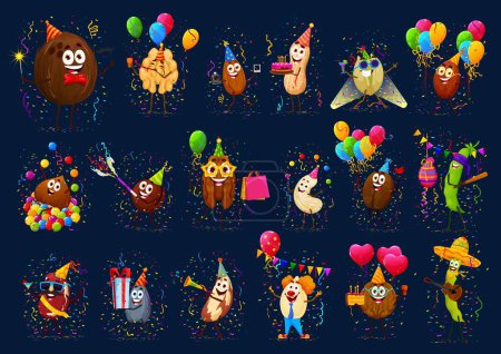 Ilustración de Personajes de tuercas de dibujos animados en vacaciones y cumpleaños con sombreros de fiesta, tarta, regalos y globos. Personajes vectores de alimentos veganos proteicos, maní divertido, nuez, almendras y pistachos, frijoles y semillas de calabaza - Imagen libre de derechos