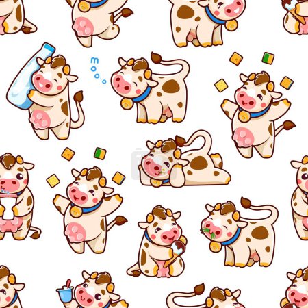 Illustration for Cartoon cute cow characters seamless pattern or vector background with milk. Happy funny cow or farm animal with udder and bell eating grass and ice cream, playing cheese and milk bottle in pattern - Royalty Free Image