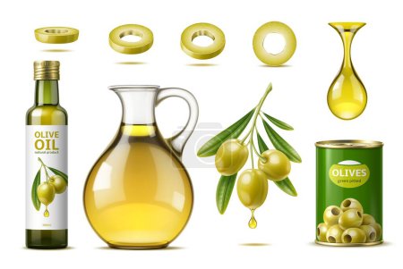 Realistic olive oil jug, can and bottle with green olives. Isolated 3d vector tin container with plump olives, preserving their rich, briny flavor. Glass pitcher, holding golden liquid, drop and rings