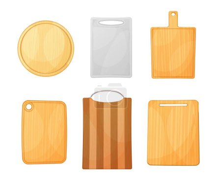 Illustration for Cartoon kitchen chopping boards isolated vector set. Essential tools for food preparation, providing a sturdy surface for cutting ingredients, come in various materials like wood, plastic, or bamboo - Royalty Free Image