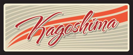 Illustration for Kagoshima prefecture vintage vector travel plate. Japan prefecture metal plaque. Japanese region retro vintage typography plaque, asian tourist destination. City of Kagoshima Prefecture, Japan - Royalty Free Image