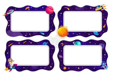 Illustration for Cartoon frames with galaxy space, rockets and kid spaceman astronaut, vector backgrounds. Galaxy spaceship with alien UFO, galactic planets, sun and Saturn or asteroids of starry sky in frame borders - Royalty Free Image