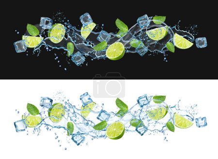 Illustration for Realistic mojito wave with water splash, lime, ice cubes and mint leaves. 3d vector long liquid flow with citrus fruit slices. Refreshing drink, tea, cocktail beverage with ice and spearmint foliage - Royalty Free Image