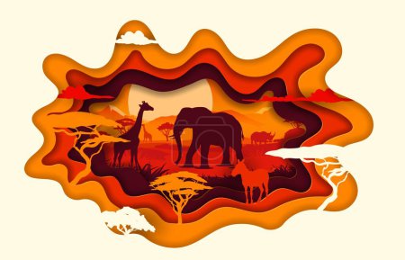 Ilustración de África papel cortar paisaje con animales y árboles de sabana al atardecer. Siluetas vectoriales de elefante safari, jirafas, rinoceronte y cebra, plantas de sabana y hierba en 3D marco de origami de capas onduladas rojas - Imagen libre de derechos