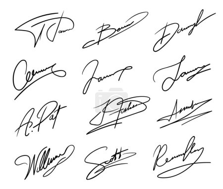 Illustration for Autograph or business signature pack set. Isolated vector handwritten signatures of fake persons. Name and surname scribbles for personal document, business contract, certificate or agreement - Royalty Free Image