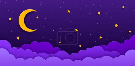 Téléchargez les illustrations : Papier ciel nocturne coupé avec croissant de lune et étoiles. Un arrière-plan vectoriel 3D serein se déploie, la lune projetant sa douce lueur sur une toile d'étoiles. Wisps de nuages dansent, tissant des contes dans l'espace cosmique - en licence libre de droit