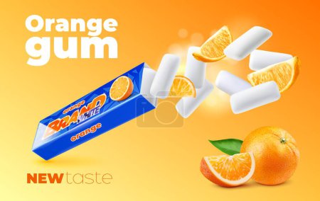 Realistic orange fruit chewing gum, advertising 3d vector banner with flying pads and fruits. Juicy burst of citrus delight, new taste in a convenient pack. Tangy, refreshing, and irresistibly chewy