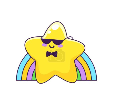 Illustration for Cartoon star kawaii gentleman character and rainbow, funny twinkle personage, vector emoji. Cute smiling and happy star emoji in sunglasses with rainbow, kids mascot or cheerful cartoon character - Royalty Free Image