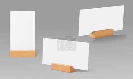 Illustration for Table paper wooden holder. Card or menu display stand. Isolated 3d vector mockup of practical and versatile accessories that provide convenient way to showcase info during events or in the restaurant - Royalty Free Image