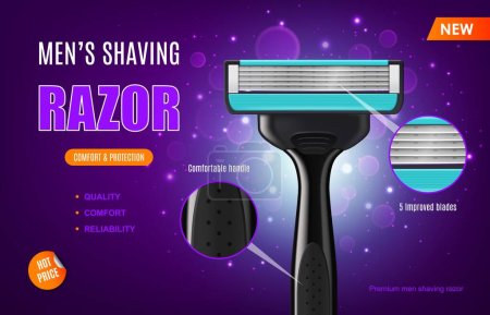Illustration for Realistic razor, shaving blade. 3d vector banner with precision-engineered grooming tool for smooth and efficient shaving experience offering blend of modern design and cutting-edge technology for men - Royalty Free Image