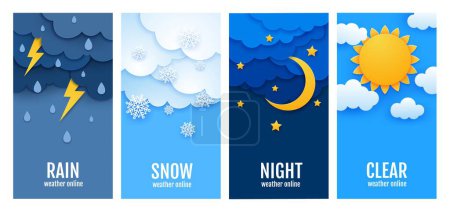 Illustration for Weather paper cut banners with rain and sun, snow and clouds, vector background. Weather forecast with night and day sky for winter and summer for web widget or weather application in flat papercut - Royalty Free Image