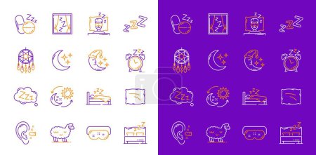 Illustration for Sleep icons, bedroom comfort thin line symbol. Dream and sleeping comfort outline vector sign or pictogram with moon crescent, bed, pillow and ear plug, dream catcher, goggles, pill and alarm clock - Royalty Free Image