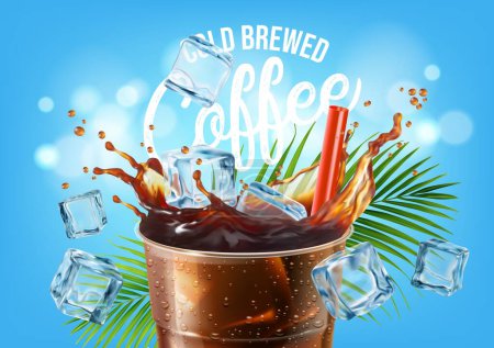 Illustration for Cold coffee drink with ice cubes and splash on summer beach, cold beverage ad poster, vector background. Ice cubes falling into coffee drink in cup with drinking straw and palm leaf for drink promo - Royalty Free Image