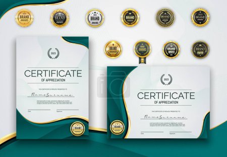 Ilustración de Plantilla de diploma de certificado de turquesa con sellos dorados, que incorpora prestigio y logro, símbolo de reconocimiento, aprecio y excelencia. Realista 3d vector vertical, maquetas horizontales - Imagen libre de derechos
