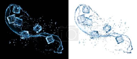 Illustration for Water splash with ice cubes and splatters. Isolated 3d vector crystalline blocks collide with liquid vigor, creating a mesmerizing dance. Frozen shrapnel capturing transient beauty of liquid and solid - Royalty Free Image