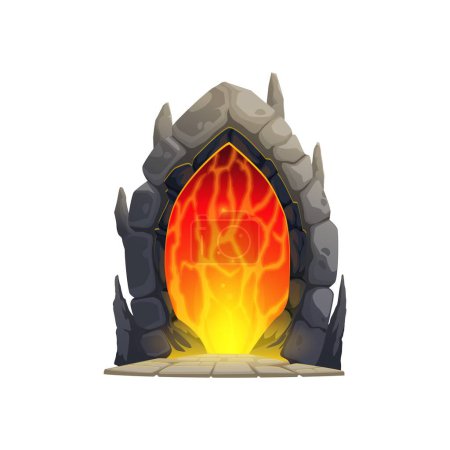 Illustration for Fantasy game cartoon magic portal door. Isolated vector mystical ancient tunnel with arched stone doorway and fiery energies, beckoning adventurers to traverse realms, unlocking fantastical worlds - Royalty Free Image