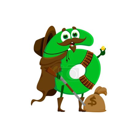 Illustration for Cartoon cowboy and robber math number six character with money sack and gold nugget. Isolated vector 6 personage wearing cape and hat clutches golden piece, plotting equations for his next heist - Royalty Free Image