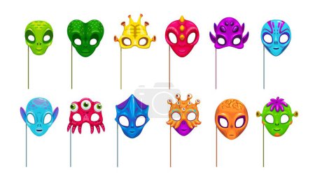 Illustration for Alien masks with props for kids party, avatar or photo booth, vector cartoon faces. Extraterrestrial creatures, monsters and humanoid mutants or galaxy slugs with horns and reptiles for photo booth - Royalty Free Image