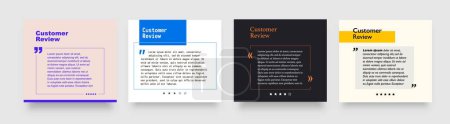 Illustration for Customer feedback testimony review templates and speech box layouts, vector quote frames. Client testimony or review message with citation in quotation signs and rating stars for social media template - Royalty Free Image