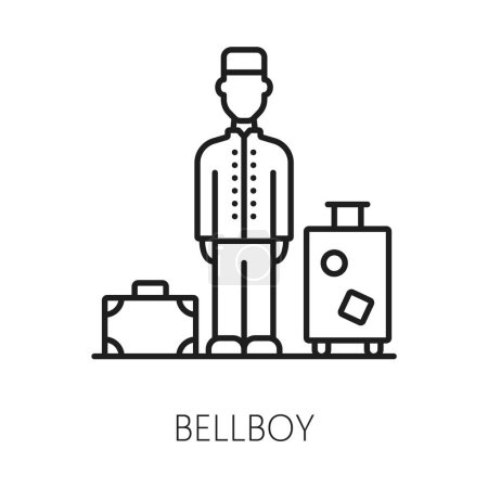 Illustration for Porter with luggage, hotel staff service doorkeeper thin line icon. Vector bellboy in uniform, hospitality concept. Bellboy and suitcases - Royalty Free Image