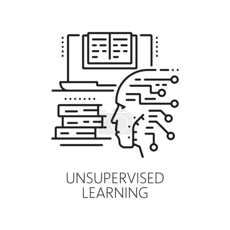 Machine unsupervised learning, AI artificial intelligence algorithm icon. Artificial intelligence future technology, AI data analysis, computer science line vector icon with laptop, android face