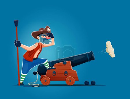 Cartoon pirate gunner or corsair sailor character with cannon, vector man personage. Pirate in corsair tricorne hat with skull, Caribbean adventure sea filibuster or corsair gunner with cannon