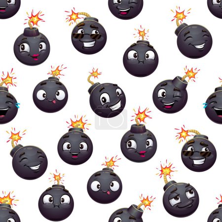 Illustration for Cartoon bomb characters seamless pattern. Textile pattern, wallpaper vector print or wrapping paper seamless background with funny bomb, cute grenade with flaming fuse or explosion cheerful personages - Royalty Free Image
