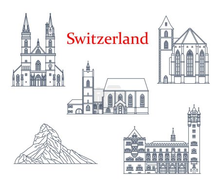 Illustration for Switzerland churches and cathedrals, architecture and travel landmarks, vector buildings of Basel. Leonhardskirche, Rathaus or Town Hall, St. Alban Tower, Basel Minster Cathedral and Matterhorn Peak - Royalty Free Image