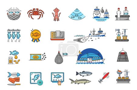 Fishing industry line icons of fishery boat, fish and seafood in outline vector. Sea fishing industry linear color icons of fisherman net or ship with fishnet, fish procession and production equipment