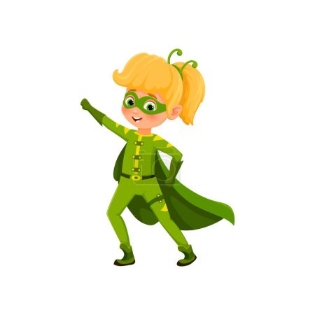 Illustration for Cartoon kid superhero character. Isolated vector girl super hero, donned in a green costume, mask and cape, radiates confidence, ready to conquer challenges and spread joy with her youthful charm - Royalty Free Image