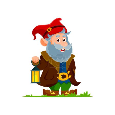 Illustration for Cartoon gnome or dwarf character adorned in colorful attire, holds glowing lantern that illuminates mischievous charm. Isolated vector elf personage adding a touch of magic to the enchanted world - Royalty Free Image