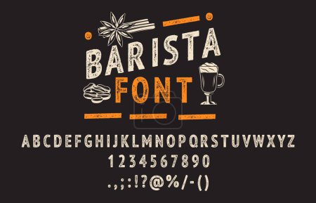 Illustration for BBQ grill font, barista typeface or coffee and barbecue type, vector grunge cooking alphabet. Retro poster or vintage label ABC font grungy letters, bar menu chalk style typography or cafe typeset - Royalty Free Image