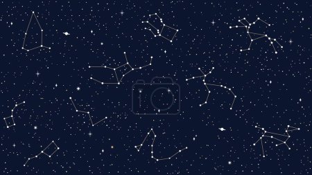 Illustration for Space sky celestial seamless pattern with vector map of star constellations, sparks and planets. Dark night sky background with silhouettes of cassiopeia, andromeda, delphinus, pegasus constellations - Royalty Free Image