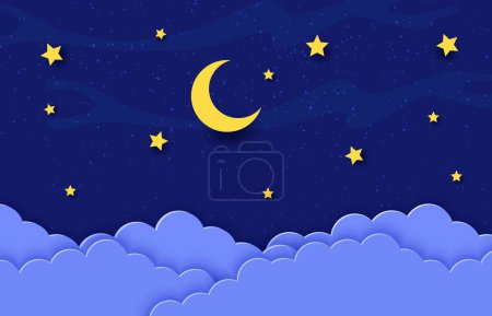 Illustration for Night sky with paper cut moon crescent and stars in clouds, cartoon vector background. Dream or sleep art and bedtime fairy tale background with paper cut clouds and starry sky for kids or baby room - Royalty Free Image
