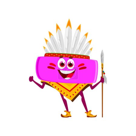 Ilustración de Matemáticas indias de dibujos animados menos carácter signo. Vector aislado nativo americano apache personaje principal con sombrero de plumas y atuendo tribal, sosteniendo lanza, listo para la aventura educativa en el Salvaje Oeste - Imagen libre de derechos