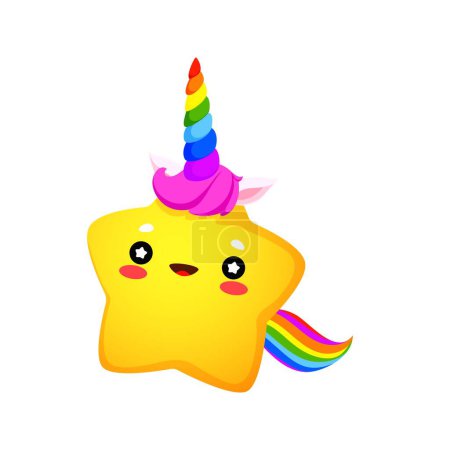 Ilustración de Dibujos animados lindo personaje estrella kawaii unicornio. Personaje de maíz estrella de brillo pequeño vector con cuerno de arco iris divertido, orejas y cola. Emoticono de maíz estrellado feliz y emoji unicornio espacio con sonrisa feliz - Imagen libre de derechos