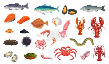 Illustration for Cartoon seafood and fish, vector food. Shrimp, lobster and crab, oyster and shellfish, squid, octopus and crayfish, scallop, mussel and caviar. Sea cucumber, tuna, eel, trout and prawn seaweed, urchin - Royalty Free Image