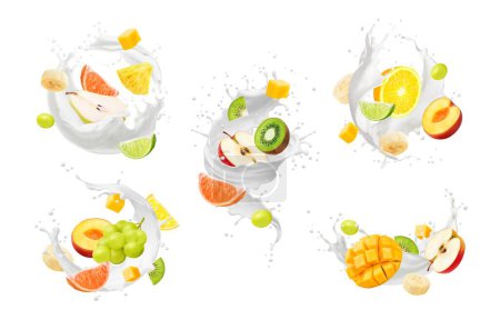 Illustration for Realistic yogurt drink splash, milk swirl and wave with tropical fruits, isolated vector. Yoghurt drink flow spill with mango, kiwi and banana, grape, pear or pineapple and banana for yoghurt drink - Royalty Free Image