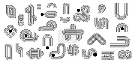 Téléchargez les illustrations : Ligne géométrique Motifs zen, figures d'arc et formes de trait, symboles vectoriels linéaires abstraits. Formes minimalistes des vagues, des courbes en zigzag et des éléments tricotés avec des points noirs de motifs zen japonais - en licence libre de droit