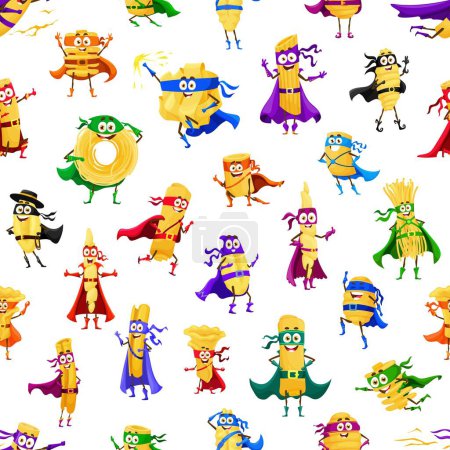 Illustration for Cartoon Italian pasta food superhero characters seamless pattern. Wrapping paper or fabric vector background with radiatori, fettuccine, manicotti, malloreddus and fiory trofie pasta funny personages - Royalty Free Image