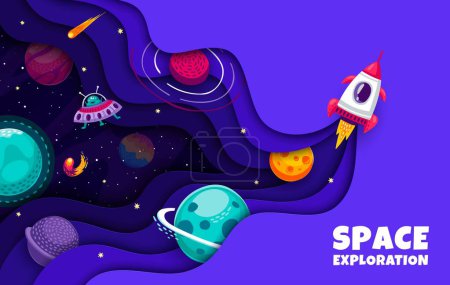 Illustration for Space paper cut landscape with rocketship and starry galaxy with planets. Cartoon background with vector rocket, space sky and stars, spaceship, UFO and asteroid in 3d origami border with wavy borders - Royalty Free Image