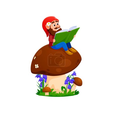 Cartoon gnome or dwarf character reading, sitting on huge mushroom. Isolated vector fanciful personage immersed in a book, captivated by the magical tales within the pages, in a fairytale forest