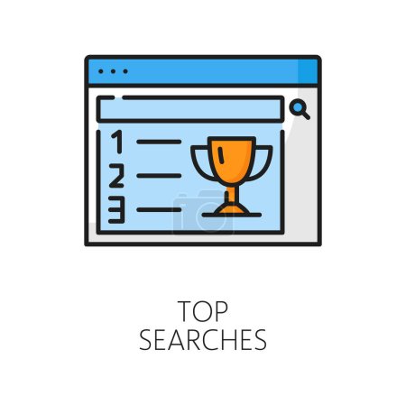 Illustration for Top search. CDN. Content delivery network icon, web portal data or Internet content search outline vector symbol, CDN thin line sign with webpage search window and golden cup - Royalty Free Image